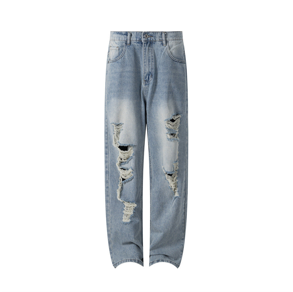 Streetwear Men's Distressed Denim Jeans, Loose Fit,  Ripped Design, Slim Straight Leg Pants for Men and Women