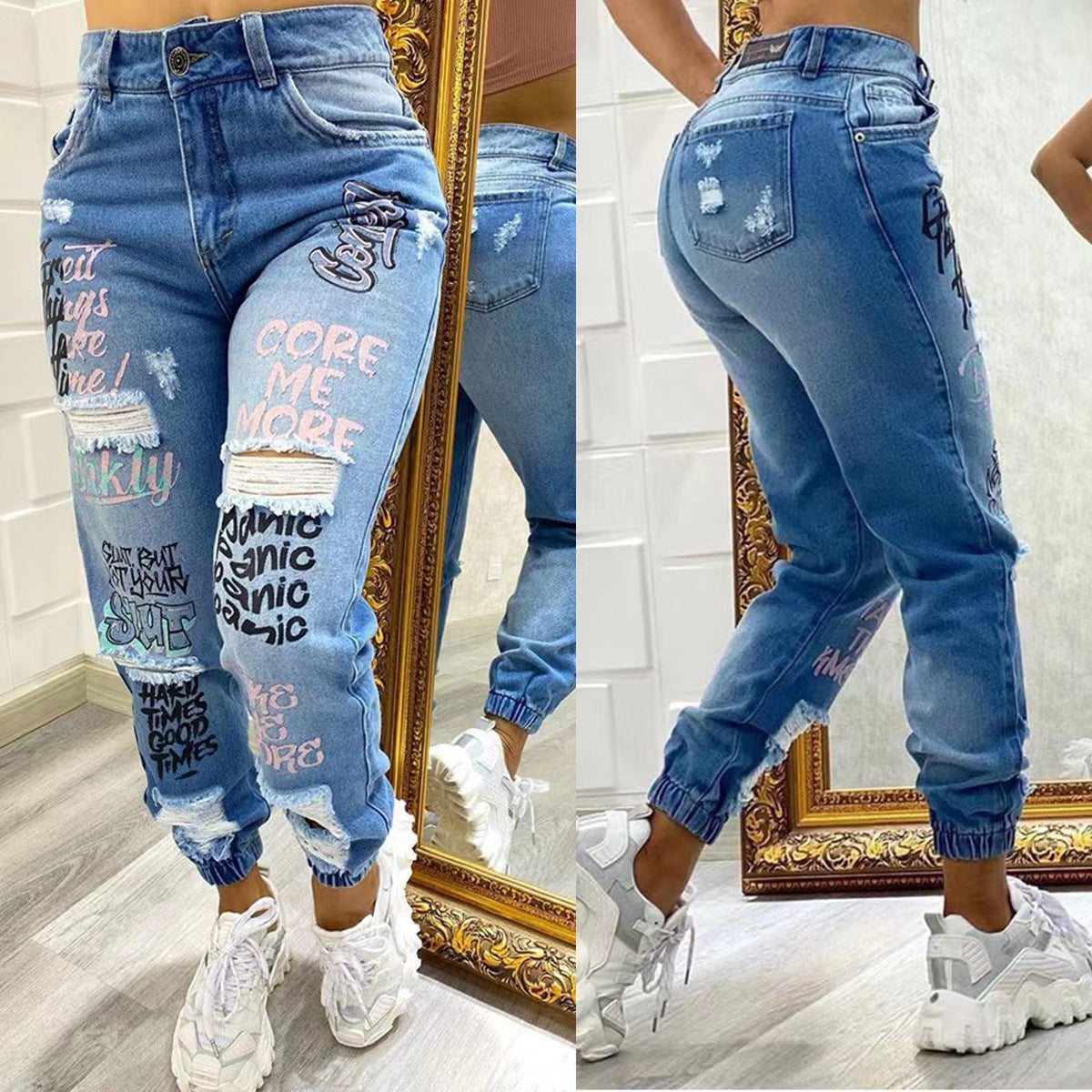 Fashion Letter Cut-out Slim Fit Jeans