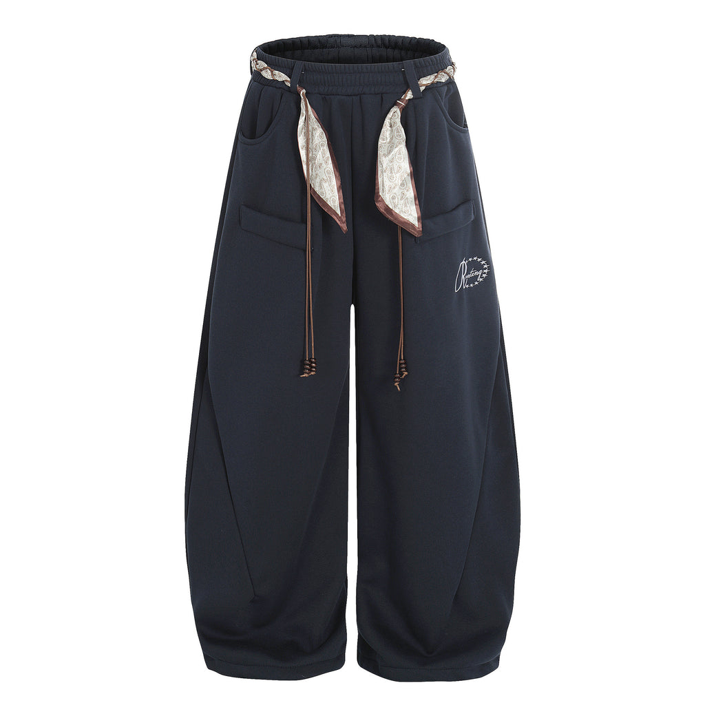 Casual Plus Velvet Pants with Belt Decoration Solid Color