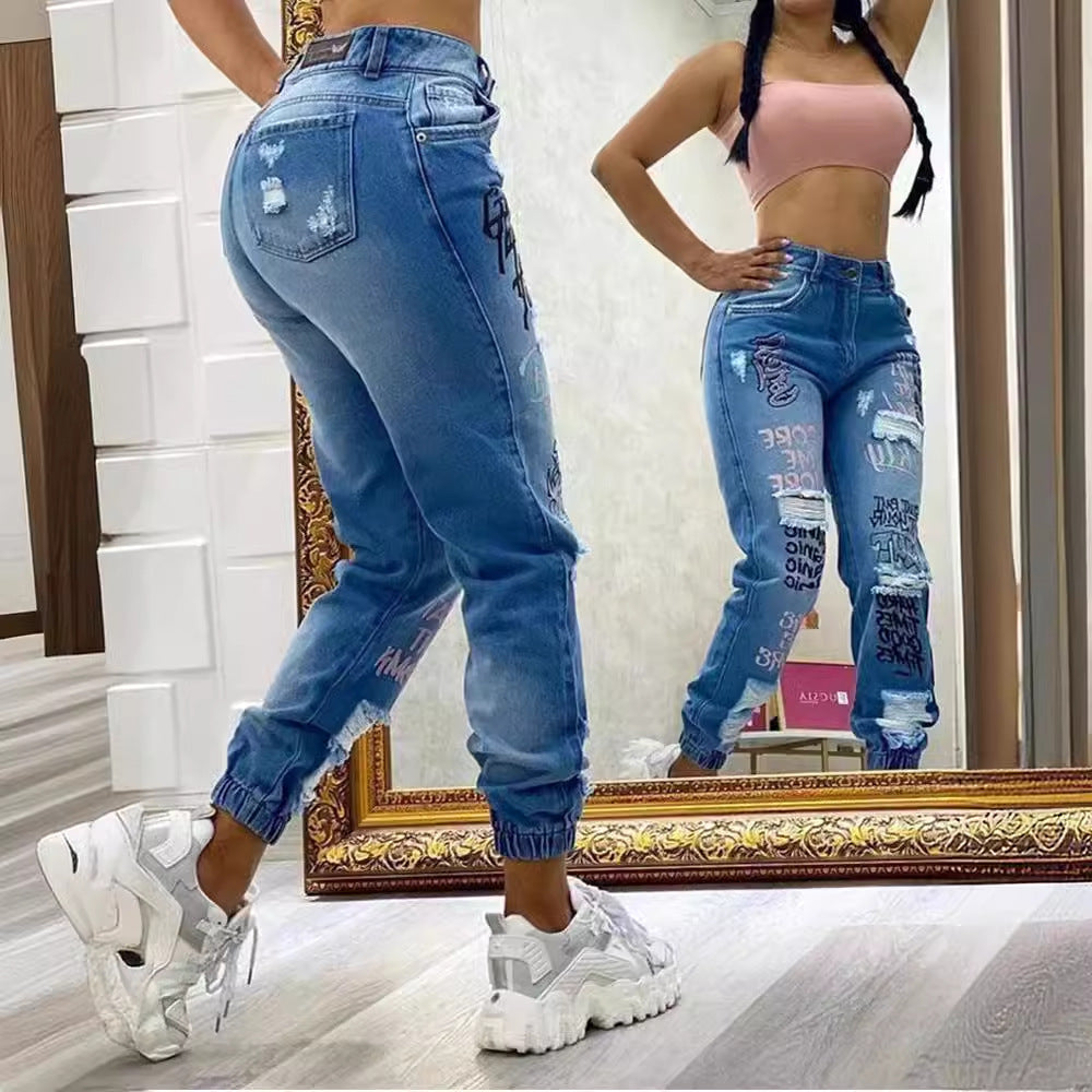 Fashion Letter Cut-out Slim Fit Jeans