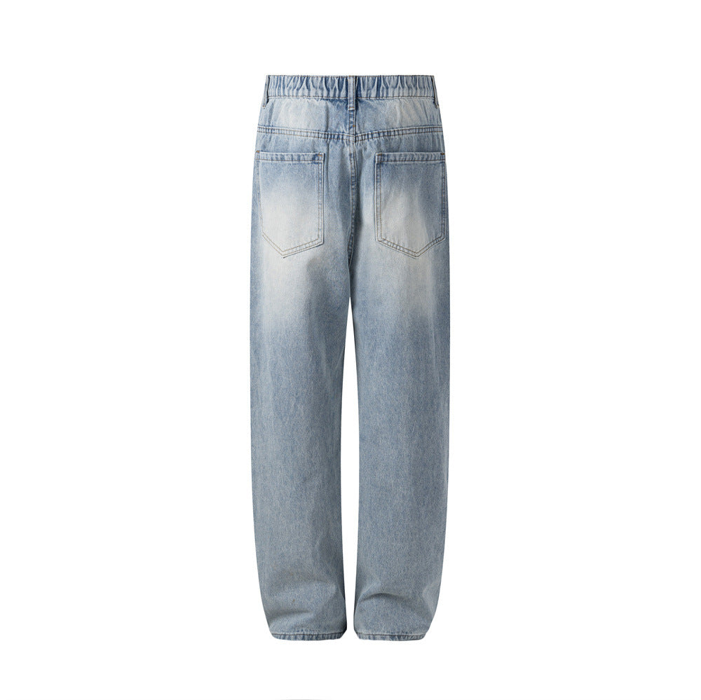 Streetwear Men's Distressed Denim Jeans, Loose Fit,  Ripped Design, Slim Straight Leg Pants for Men and Women