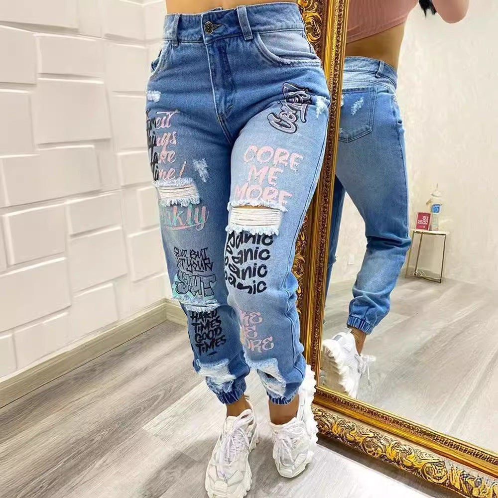 Fashion Letter Cut-out Slim Fit Jeans